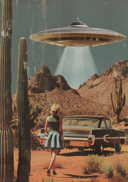 Vintage-style image of a UFO over a desert with a woman and classic car.