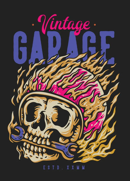 Vintage Garage logo with skull, flames, and tools on a dark background