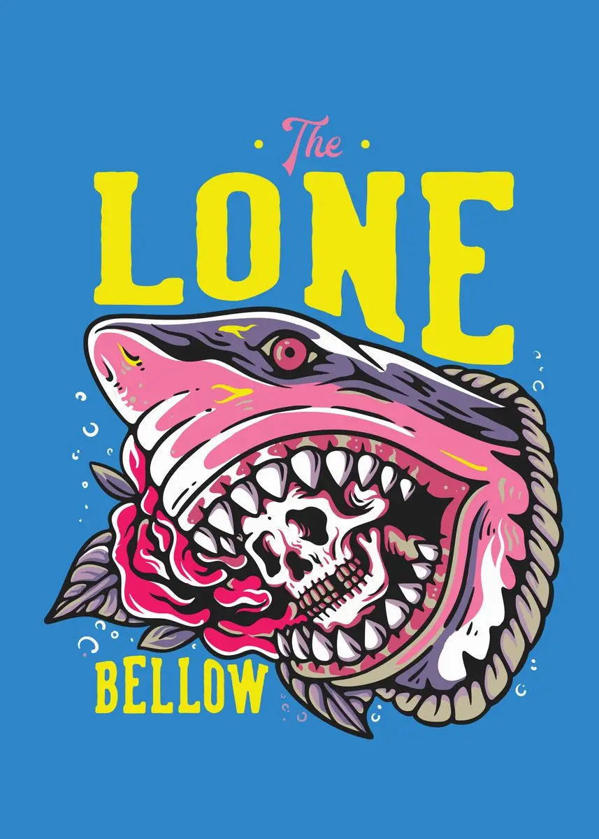 Colorful shark illustration with 'The Lone Bellow' text on a blue background