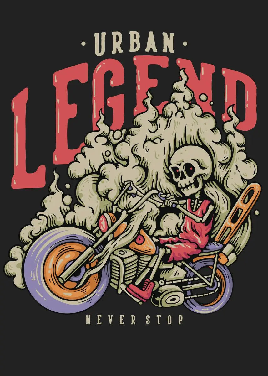 T-shirt design with skeleton on a motorcycle and 'Urban Legend Never Stop' text.