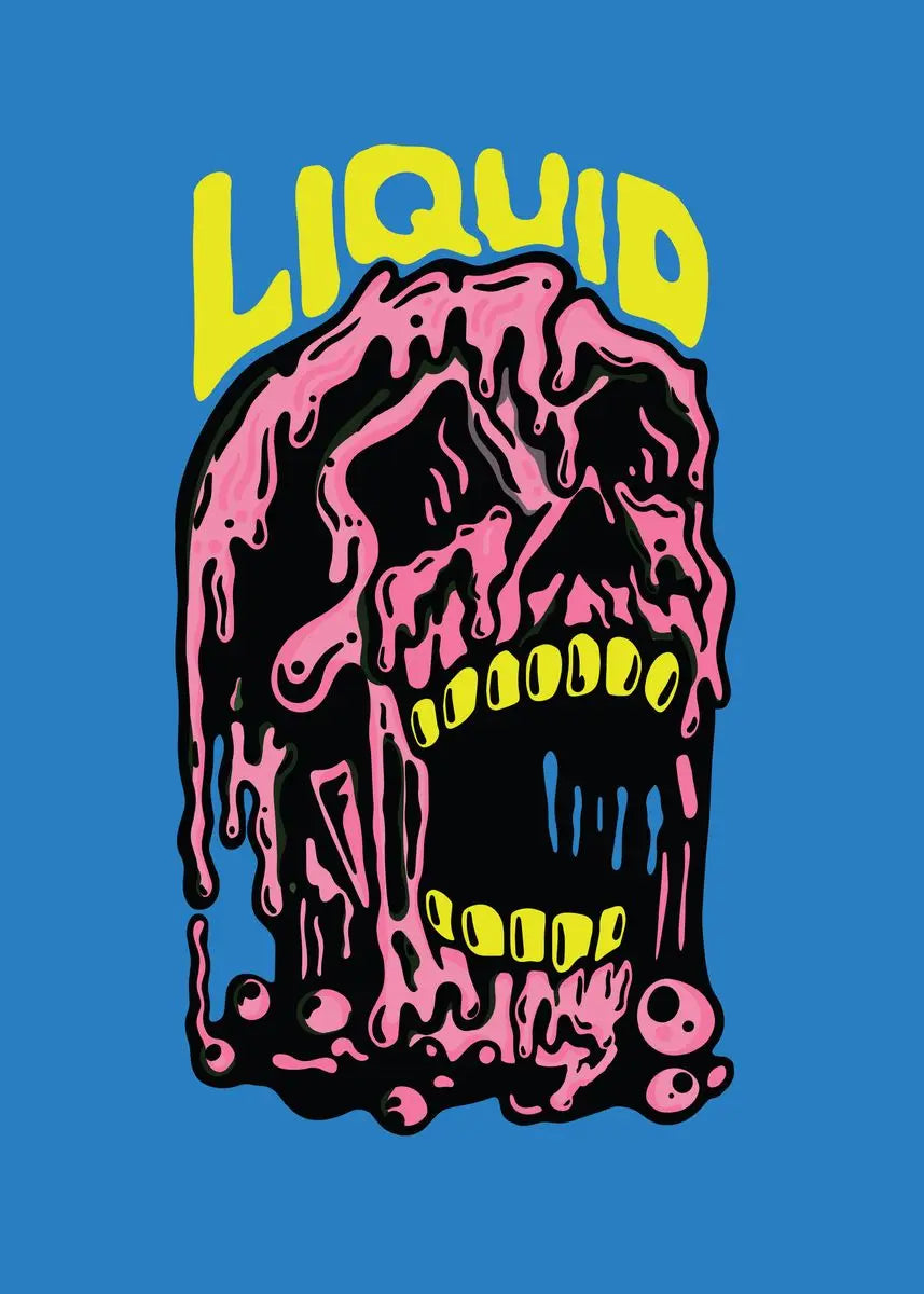 Skull with pink liquid effect and 'LIQUID' text on a blue background