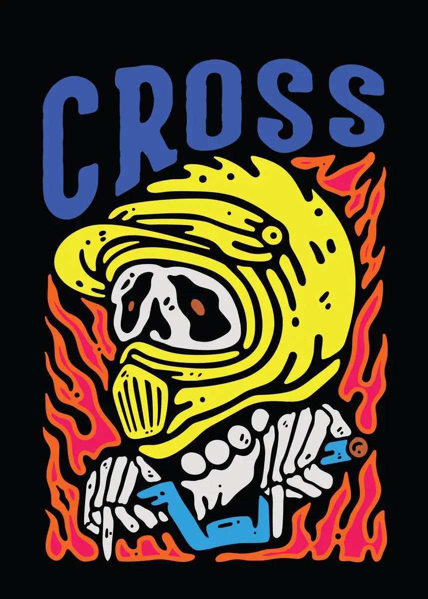 Colorful graphic design with a helmet and flames on a black background