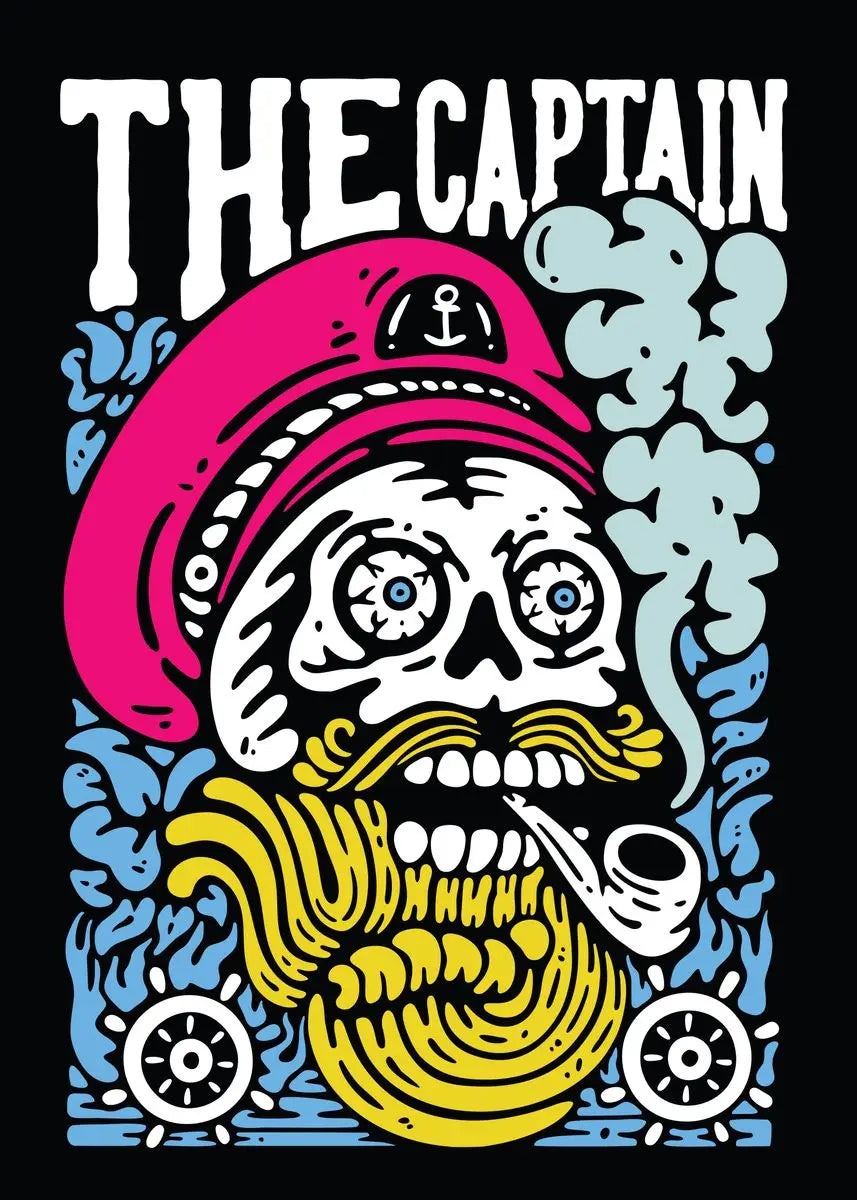 Colorful illustration of a skull with a pink captain's hat and yellow beard, labeled 'The Captain'.