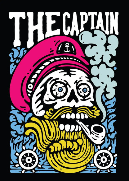Colorful illustration of a skull with a pink captain's hat and yellow beard, labeled 'The Captain'.
