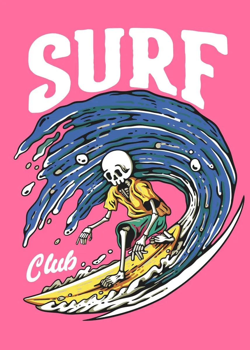 Cartoon skeleton surfing a wave with 'SURF Club' text on a pink background