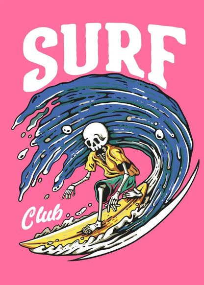 Cartoon skeleton surfing a wave with 'SURF Club' text on a pink background
