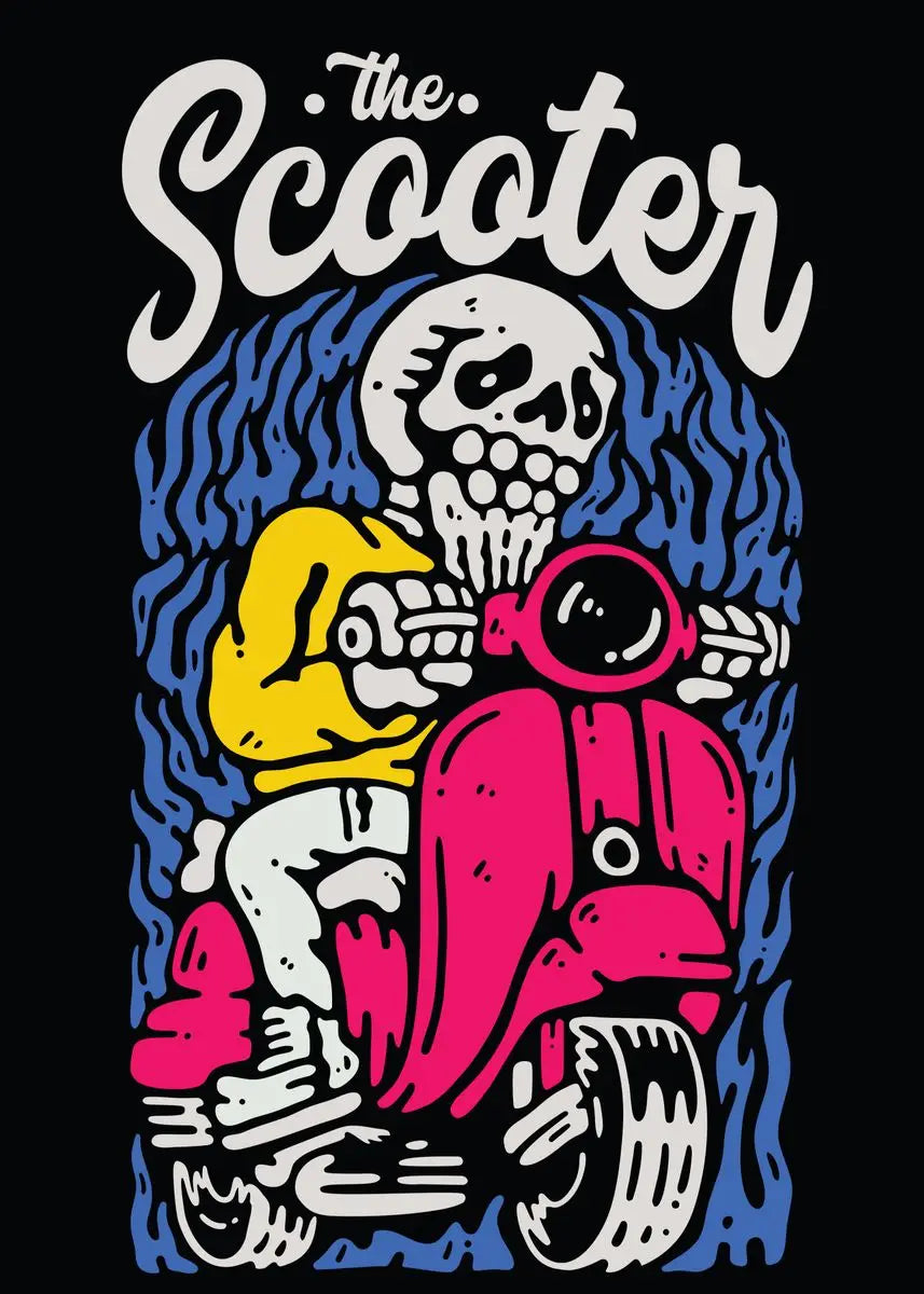 Skeletal design on a scooter with 'the Scooter' text above, on a black background