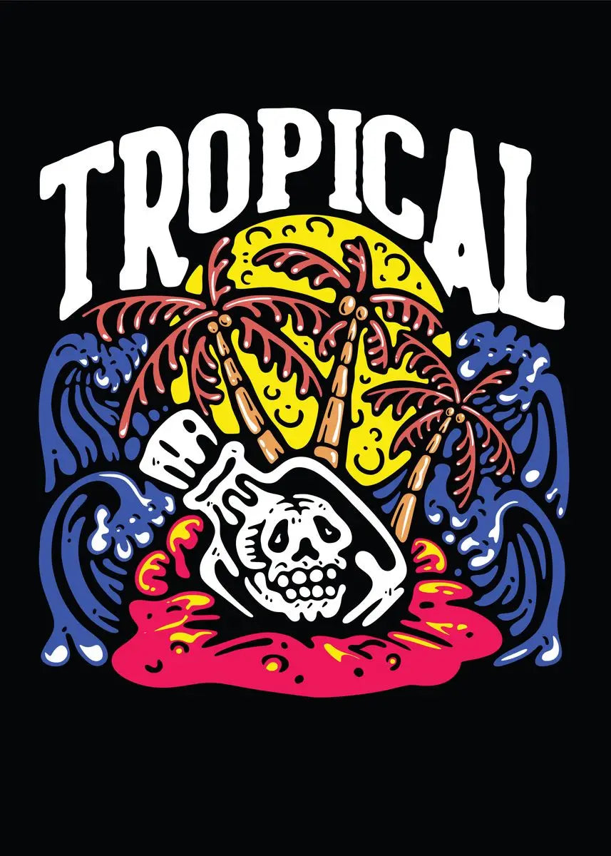 Colorful graphic with 'Tropical' text, skull, and palm trees on a black background