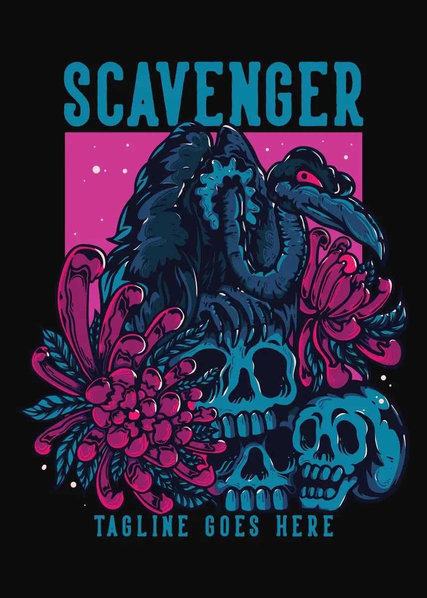 Design with a snake, flowers, and skulls on a black background with 'Scavenger' text.