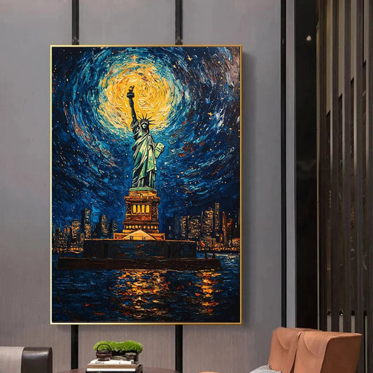 Framed artwork of the Statue of Liberty under a starry night sky, displayed on a wall. Canvas & Curio