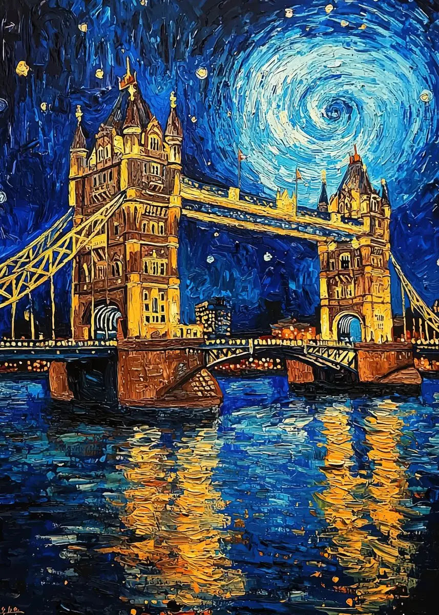 Artistic depiction of Tower Bridge under a starry night sky