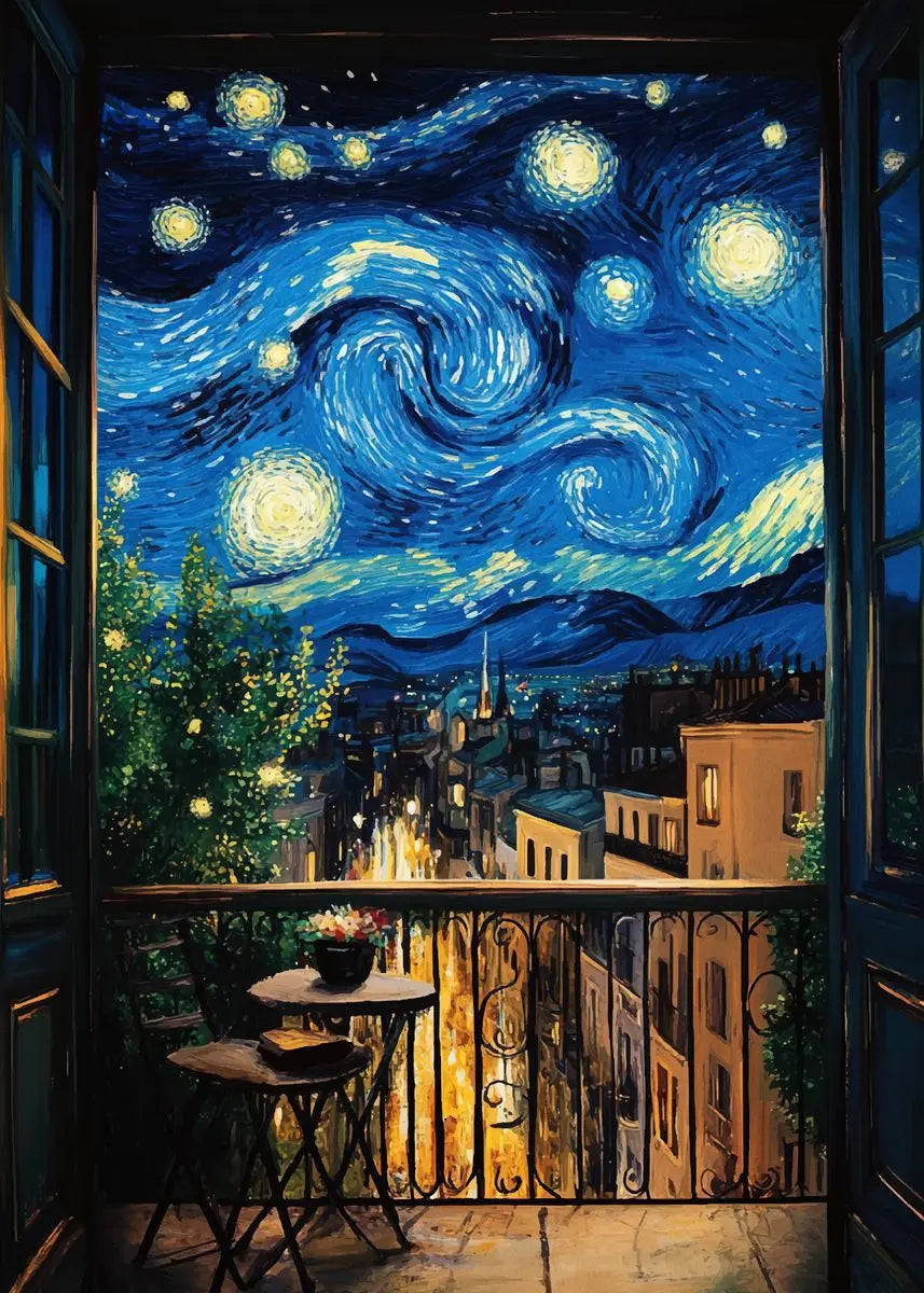 Balcony with a table and chairs, featuring a stylized depiction of 'Starry Night' by Van Gogh.