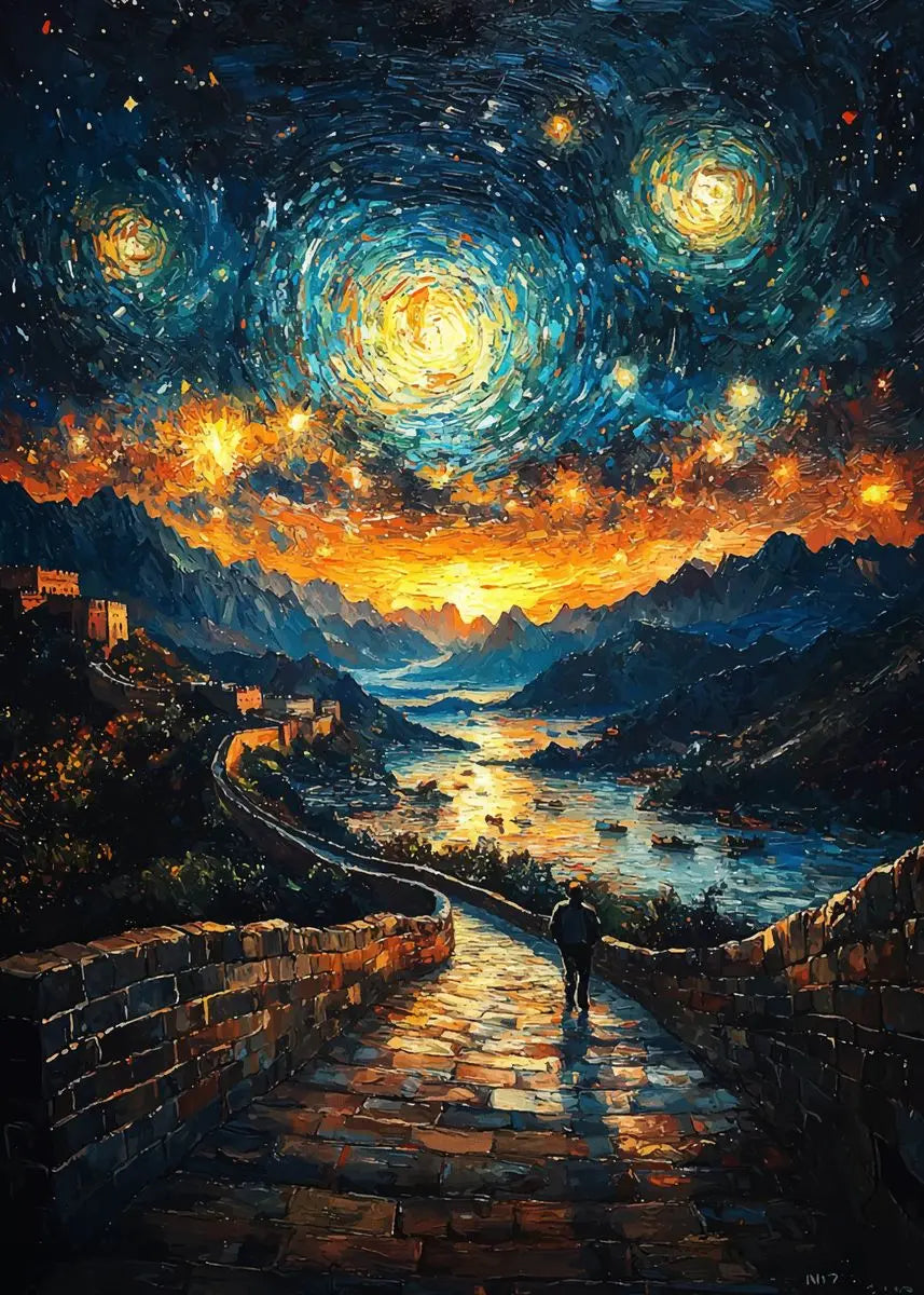 Starry night over a mountainous landscape with a person walking on a path.