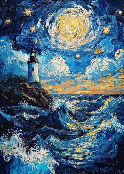 Starry night sky over a lighthouse with swirling patterns, reminiscent of Van Gogh's style.