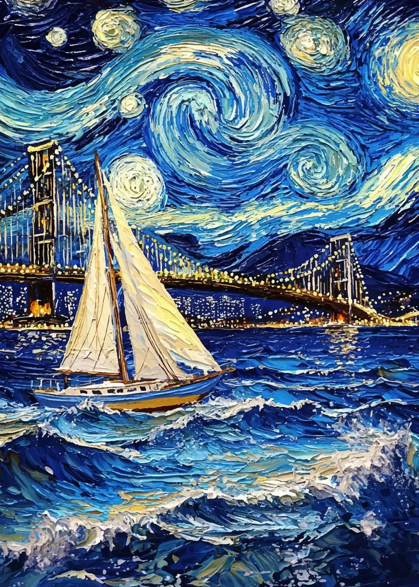 Sailboat under a starry night sky with a bridge in the background