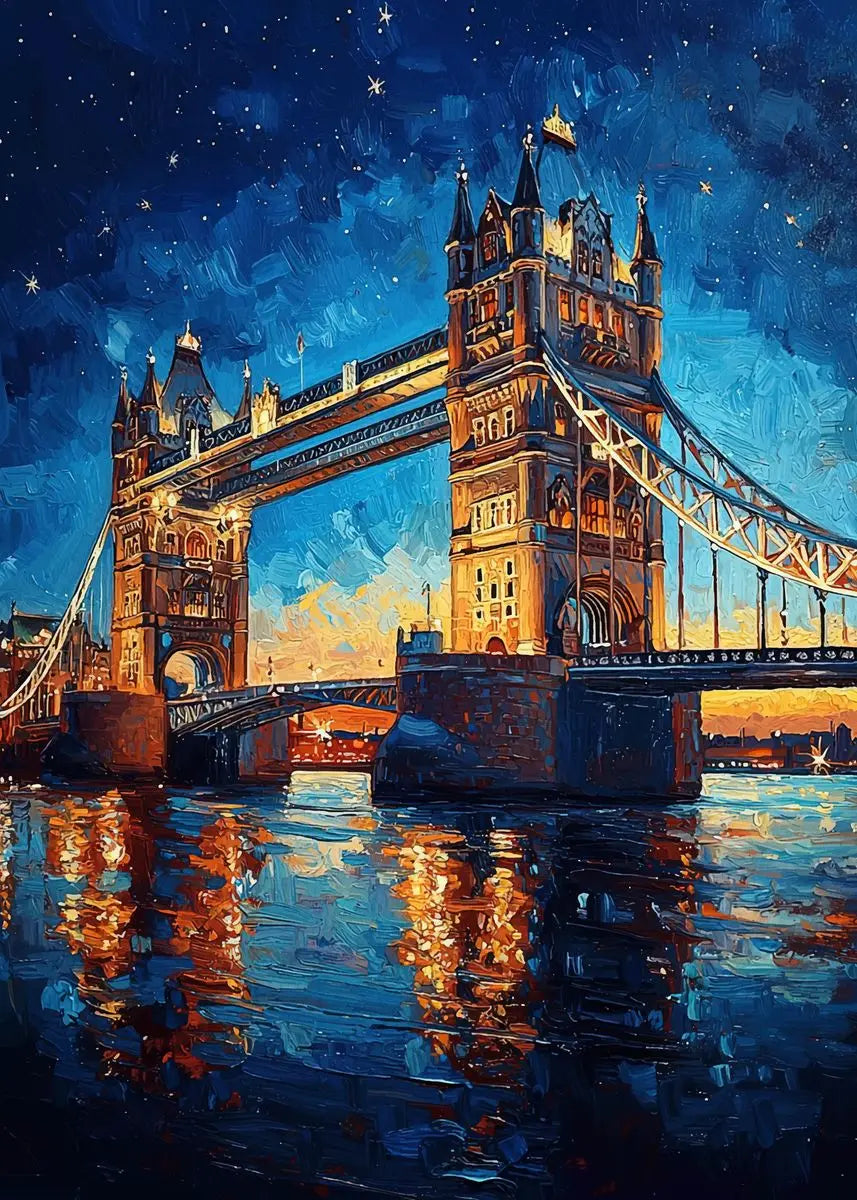 Tower Bridge at night with a starry sky reflection in the water