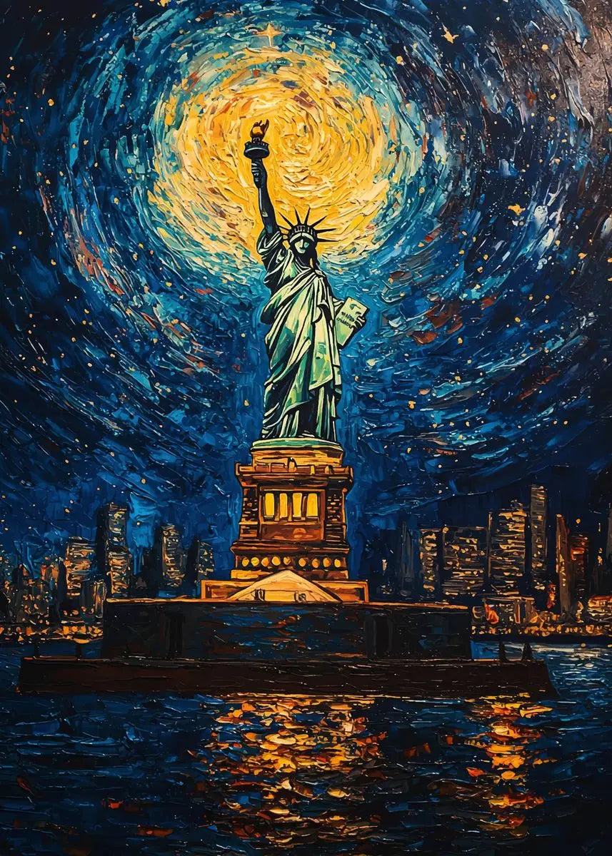Statue of Liberty under a starry night sky with a city skyline in the background