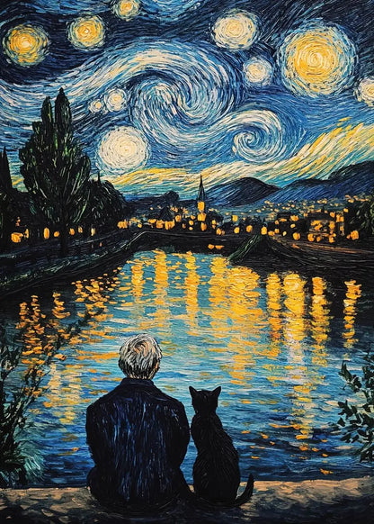 Starry night painting with a person and cat by a lake