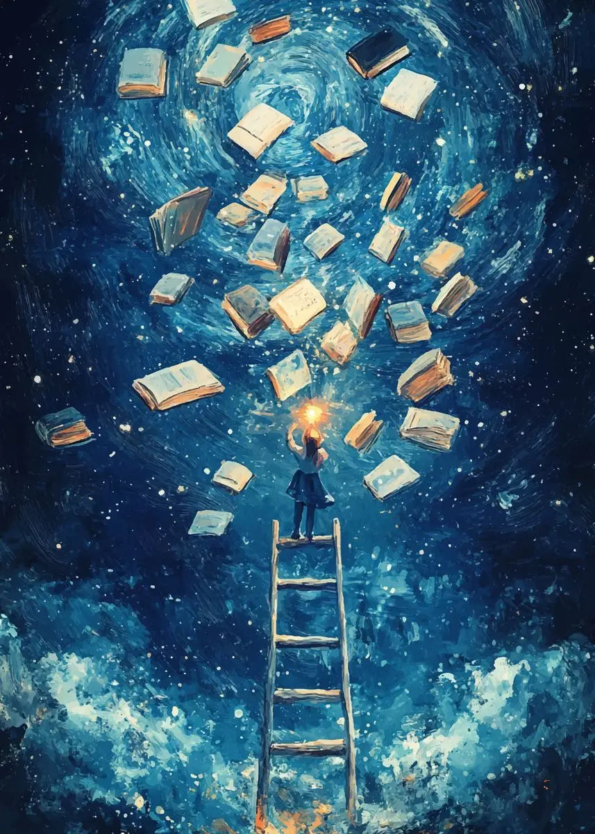 Person climbing a ladder towards floating books in a starry night sky