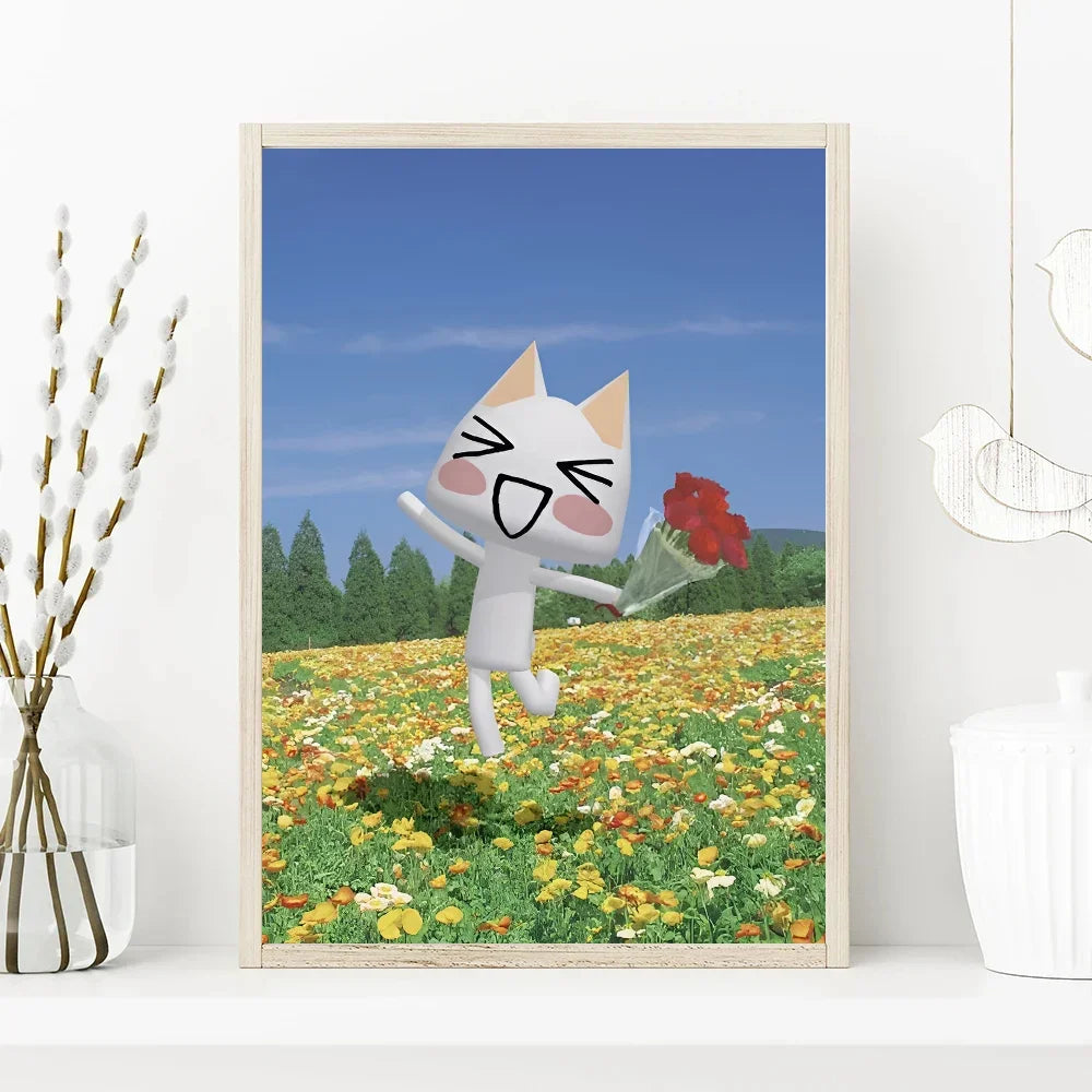 Framed artwork of a cartoon cat holding a flower in a field with trees and blue sky.