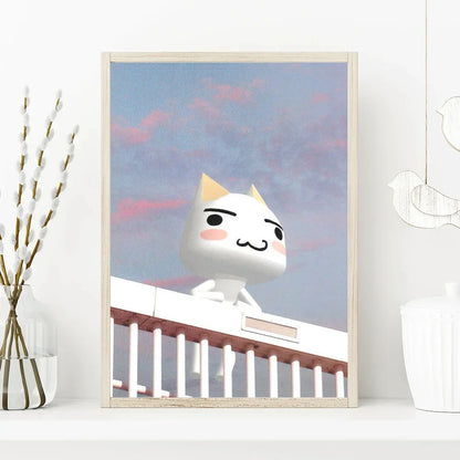 Framed artwork of a cartoon character with a blue sky background on a white surface.