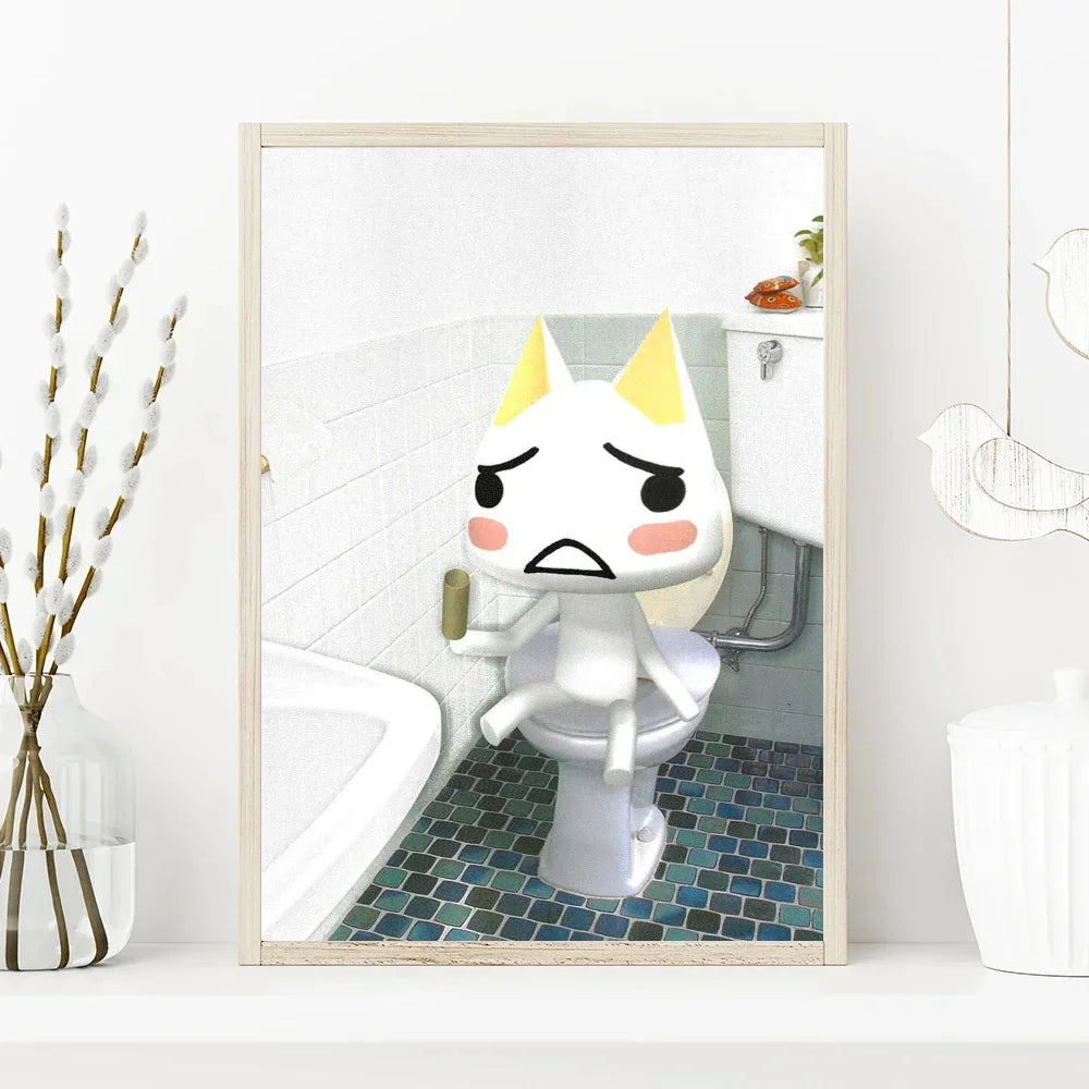 Framed artwork of a cartoon character on a toilet in a bathroom setting