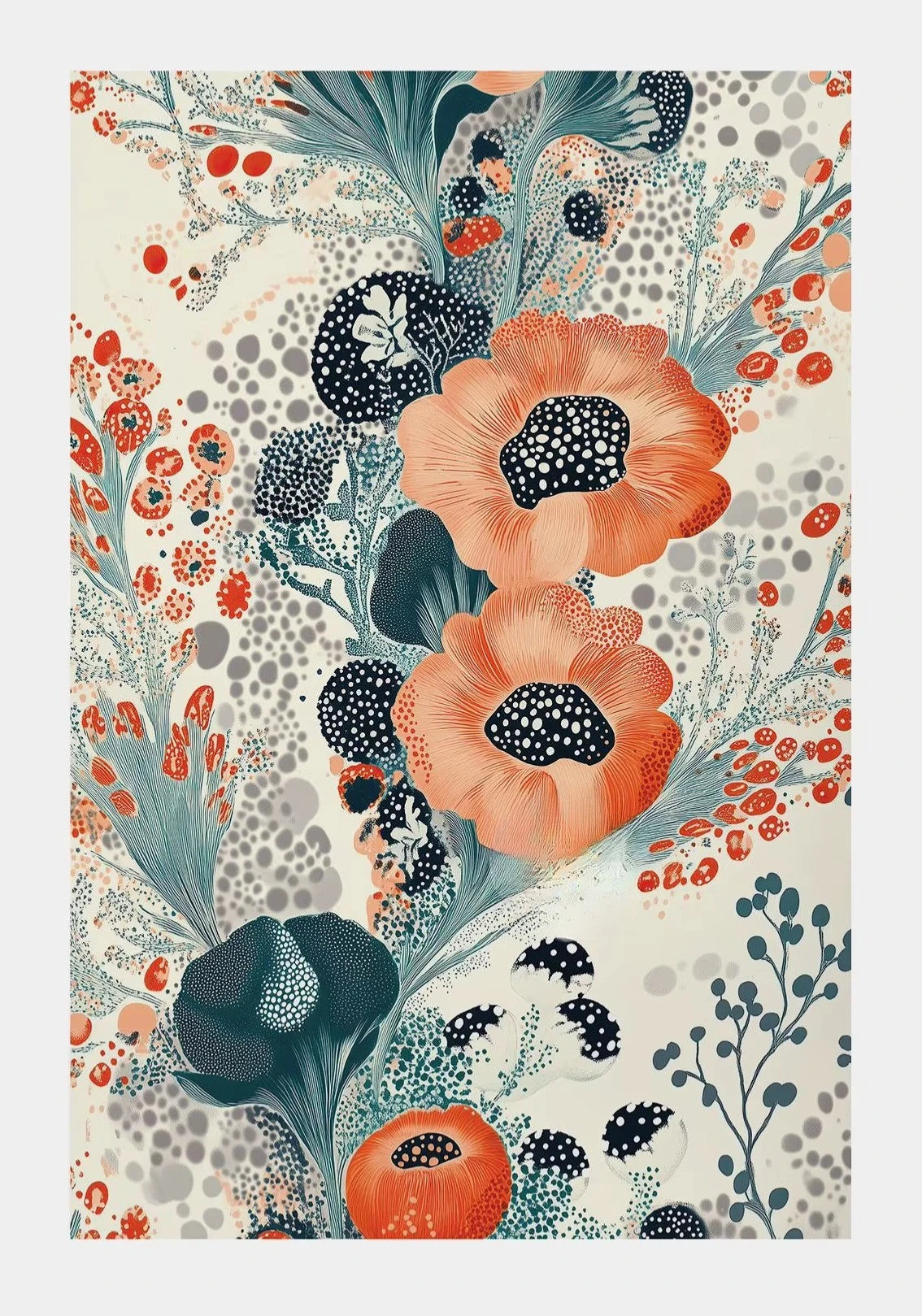 Floral pattern with orange flowers and black centers on a multicolored background
