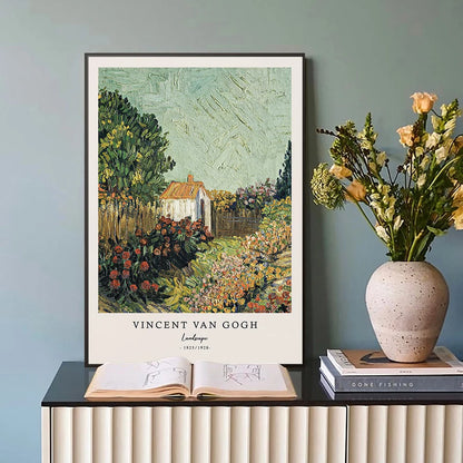 Framed Vincent Van Gogh artwork on a shelf with a vase of flowers and books.