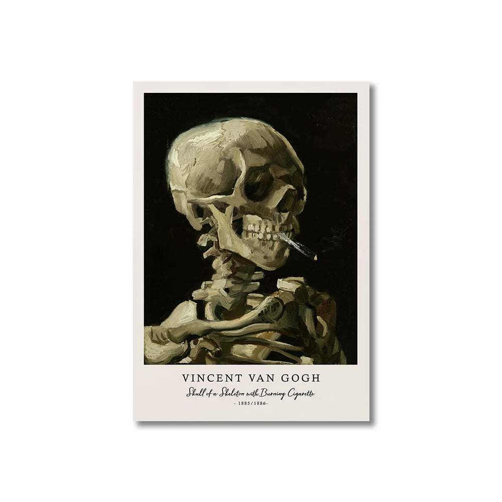 Framed artwork of Vincent Van Gogh's 'Skull of a Skeleton with Burning Cigarette' on a white background.