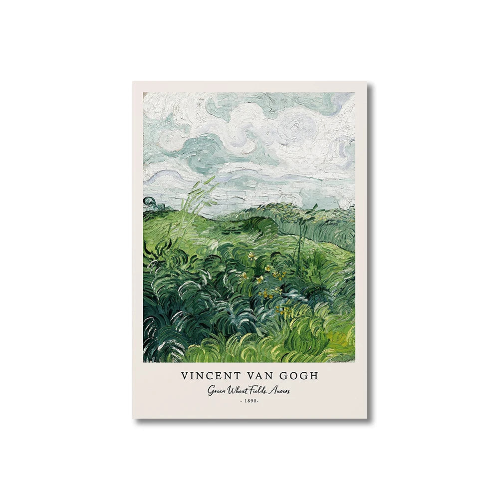 Framed artwork of a green wheat field by Vincent van Gogh on a white background