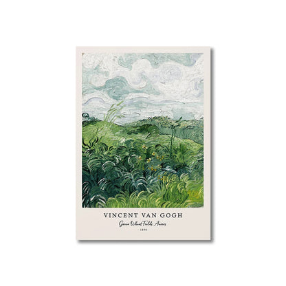 Framed artwork of a green wheat field by Vincent van Gogh on a white background