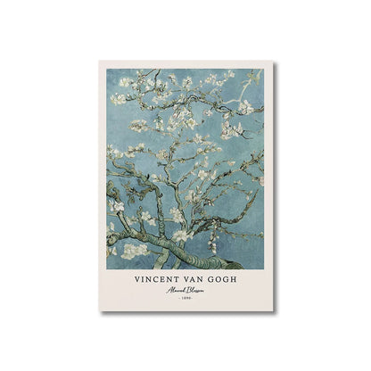 Framed artwork of Vincent van Gogh's 'Almond Blossom' on a light blue background.