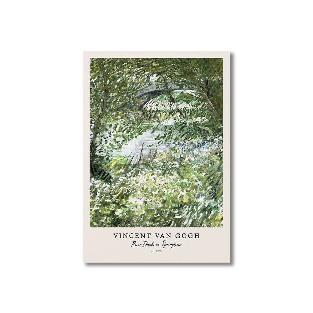 Framed artwork of Vincent van Gogh's 'River Banks in Springtime' with a white border.