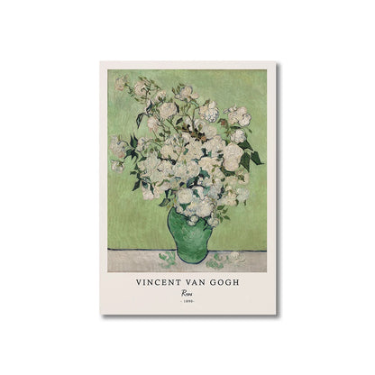 Framed artwork of a floral painting by Vincent van Gogh on a light green background.