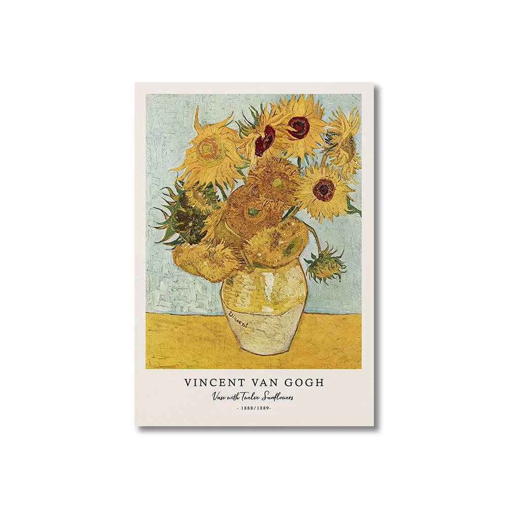 Framed artwork of Vincent van Gogh's 'Vase with Twelve Sunflowers' on a white background