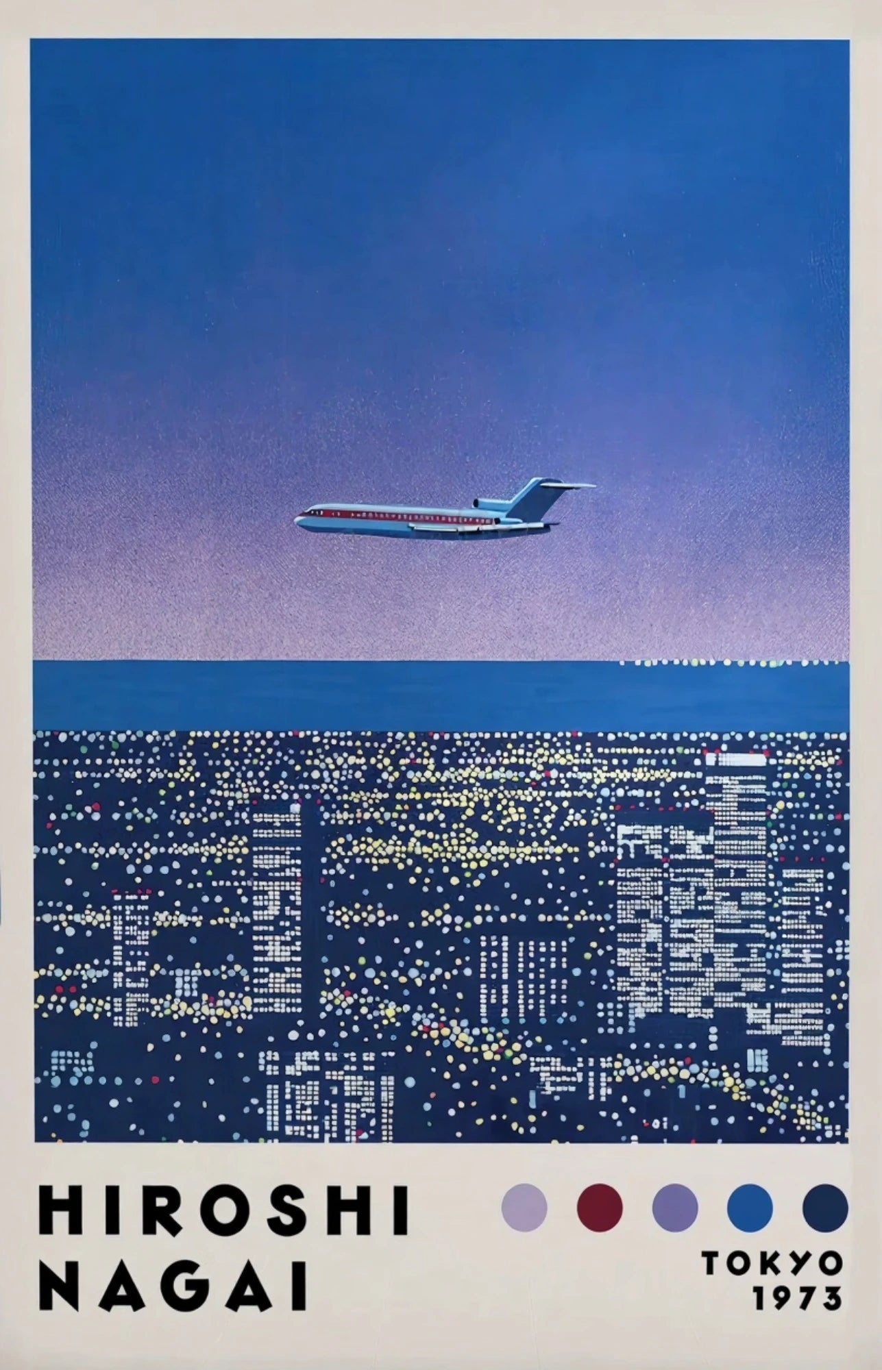 Poster of an airplane flying over a cityscape at night by Hiroshi Nagai, with visible brand logos.