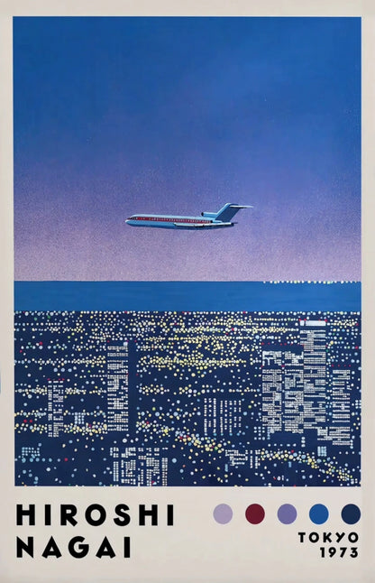 Poster of an airplane flying over a cityscape at night by Hiroshi Nagai, with visible brand logos.