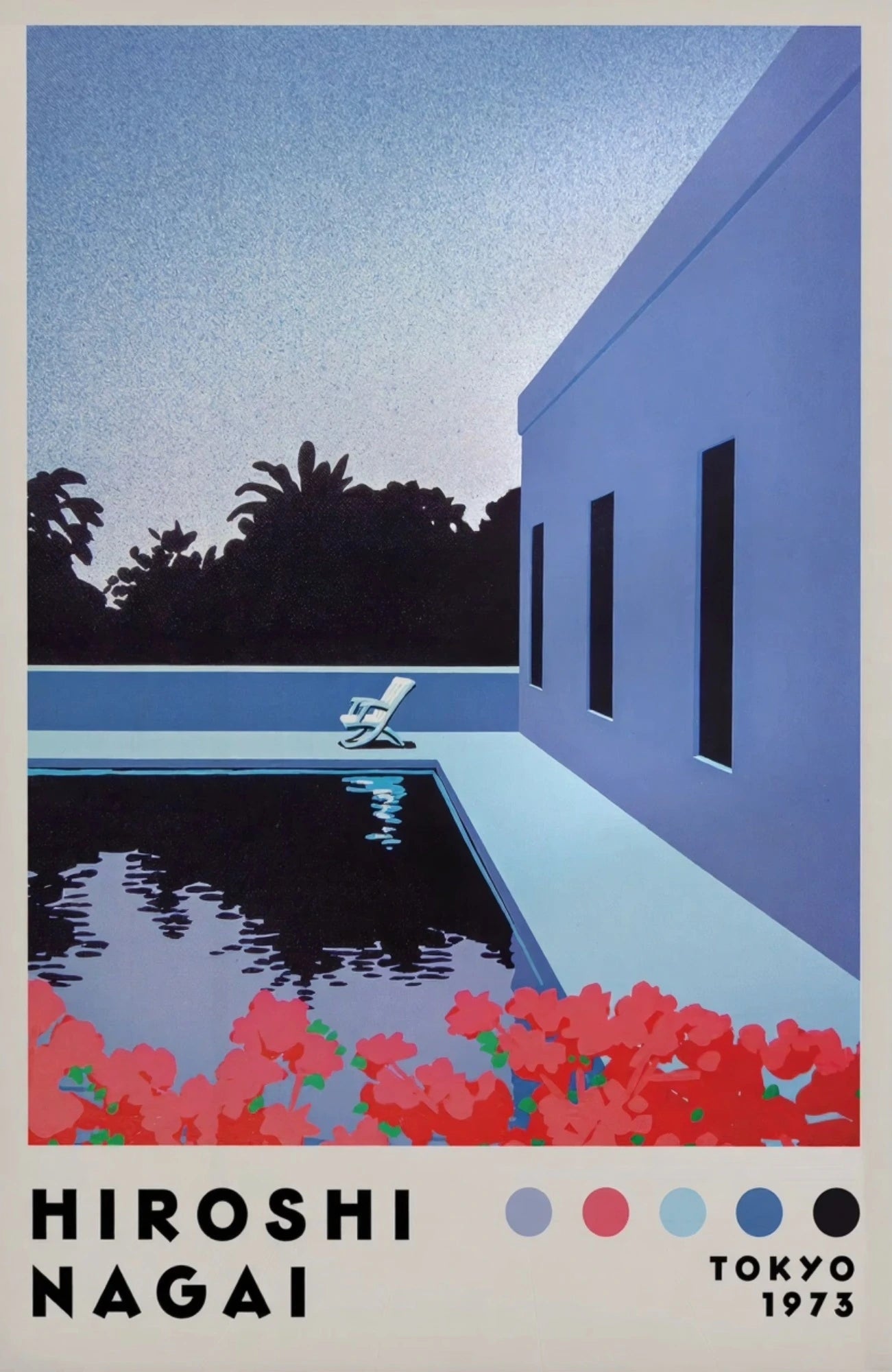 Poster of a modern building with a pool and lounge chair, featuring the artist Hiroshi Nagai and the year 1973.