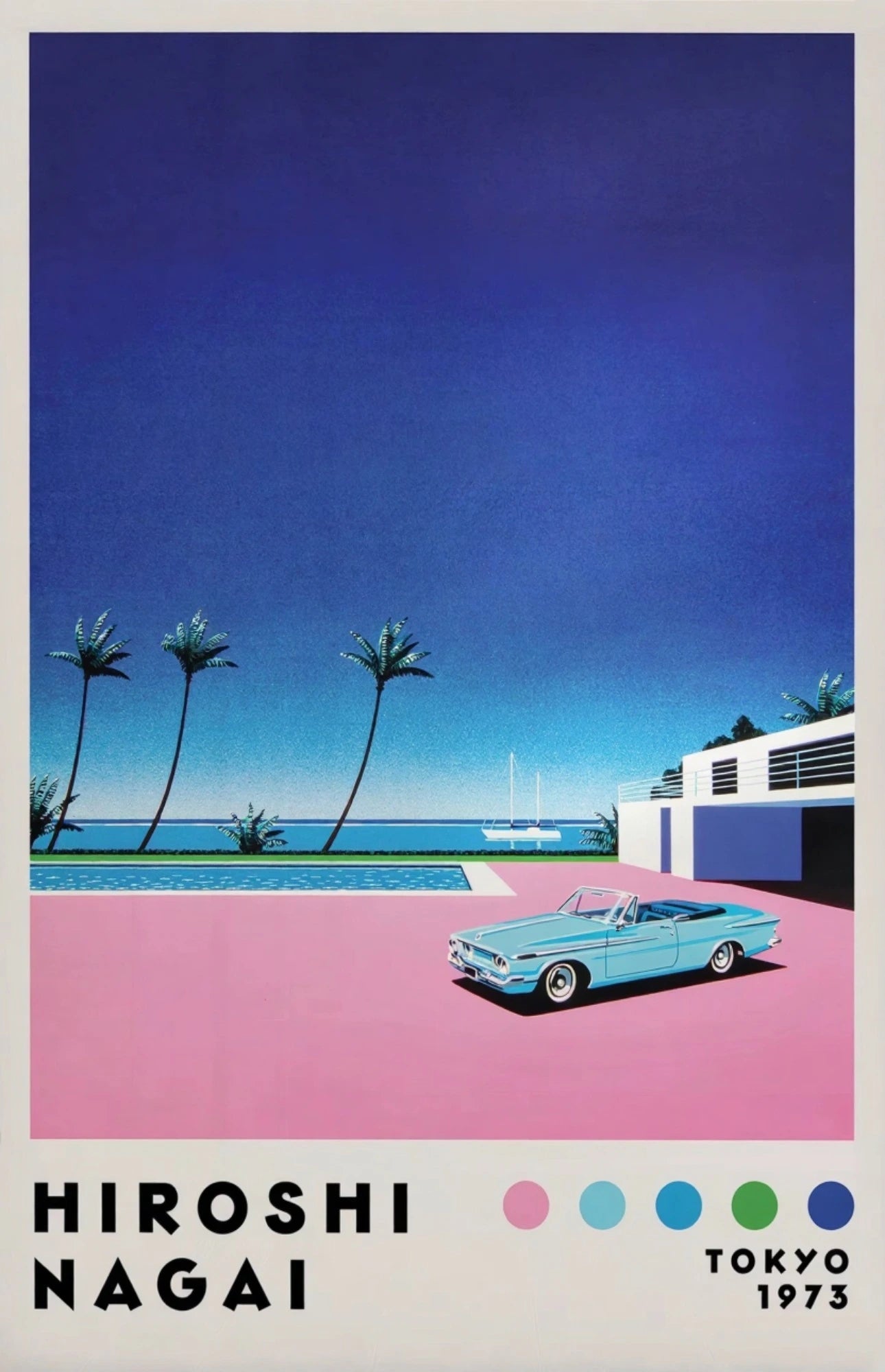 Poster of a blue convertible car on pink pavement with palm trees and ocean in the background, by Hiroshi Nagai.