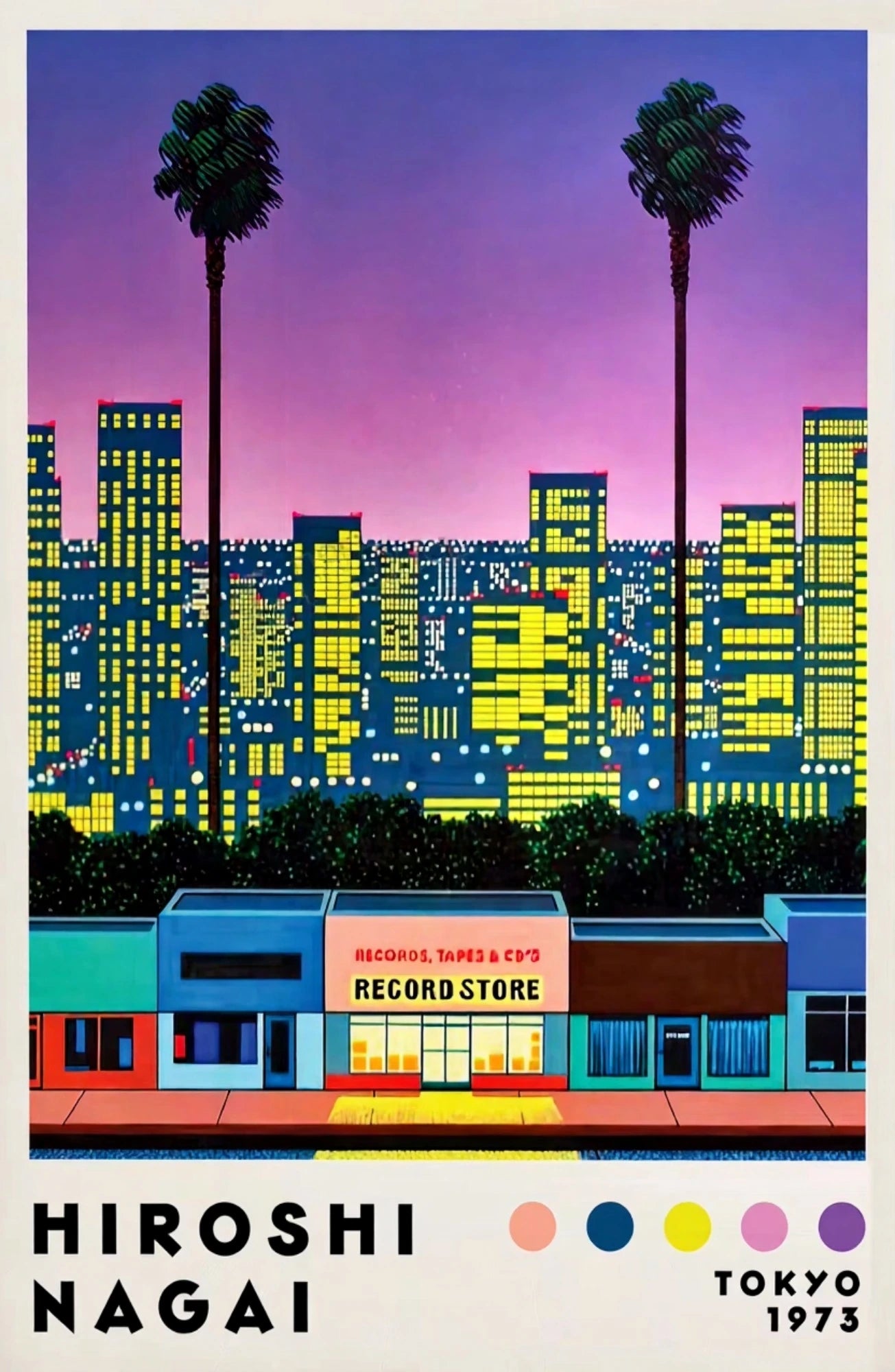 Illustration of a cityscape with buildings and a record store at night, featuring the artist Hiroshi Nagai and the year 1973.