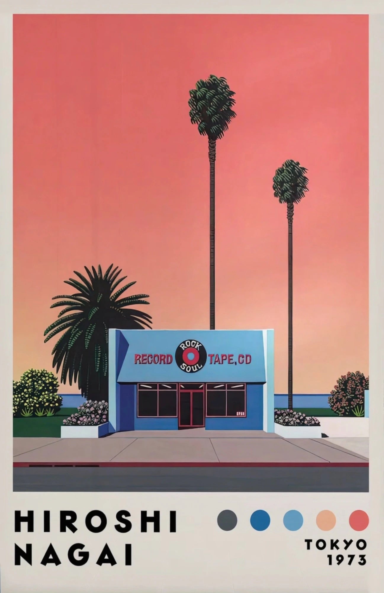 Artistic depiction of a record store with palm trees against a pink sky, signed Hiroshi Nagai.