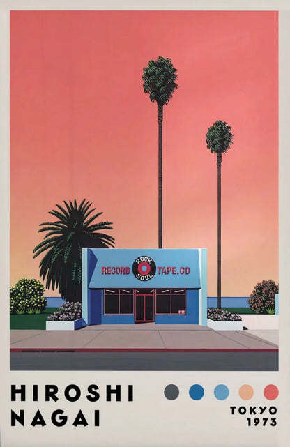 Artistic depiction of a record store with palm trees against a pink sky, signed Hiroshi Nagai.