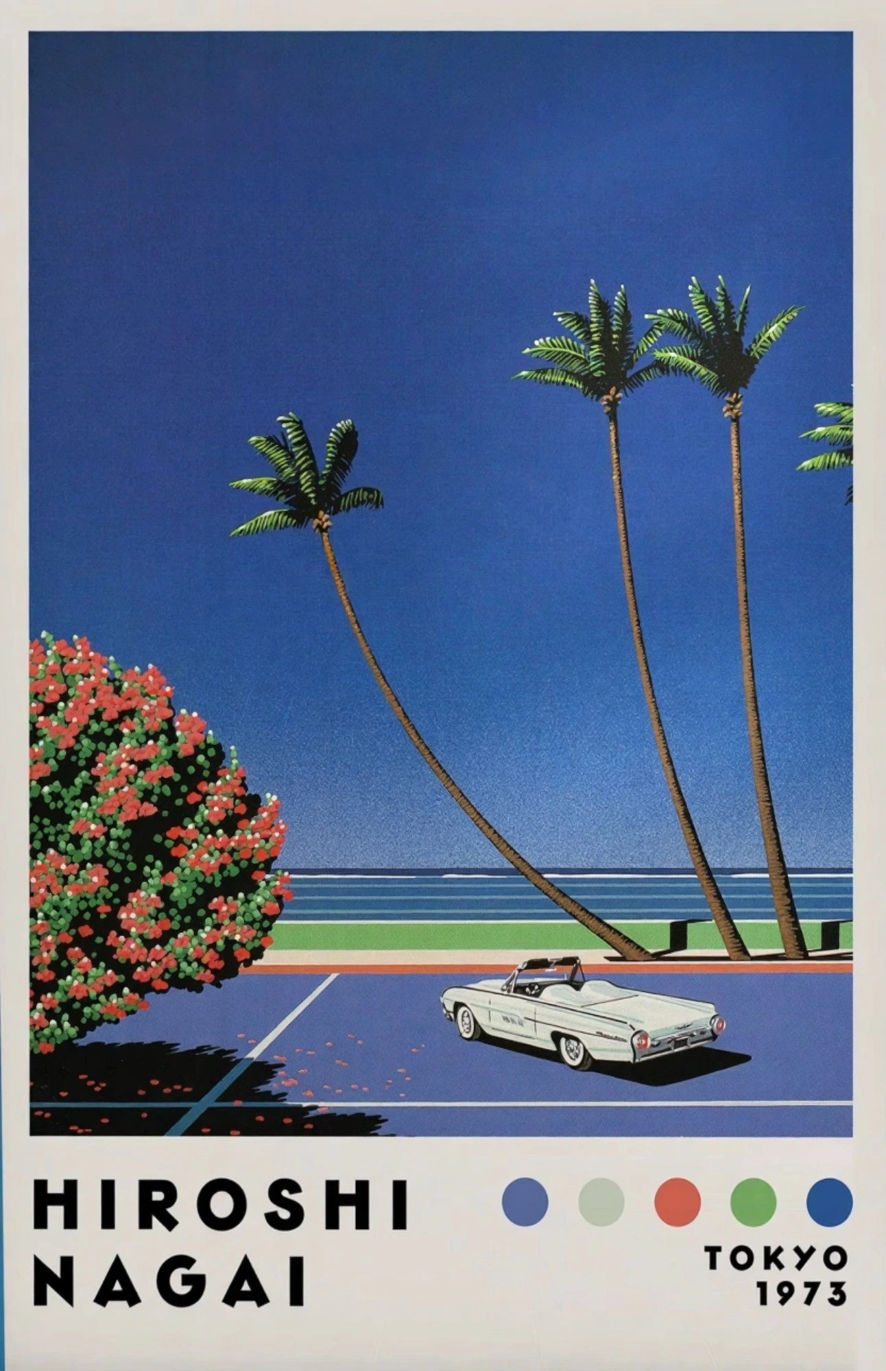 Vintage-style poster of a car under palm trees with 'Hiroshi Nagai' and 'Tokyo 1973' text.