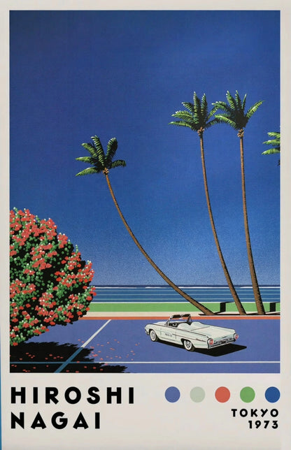 Vintage-style poster of a car under palm trees with 'Hiroshi Nagai' and 'Tokyo 1973' text.