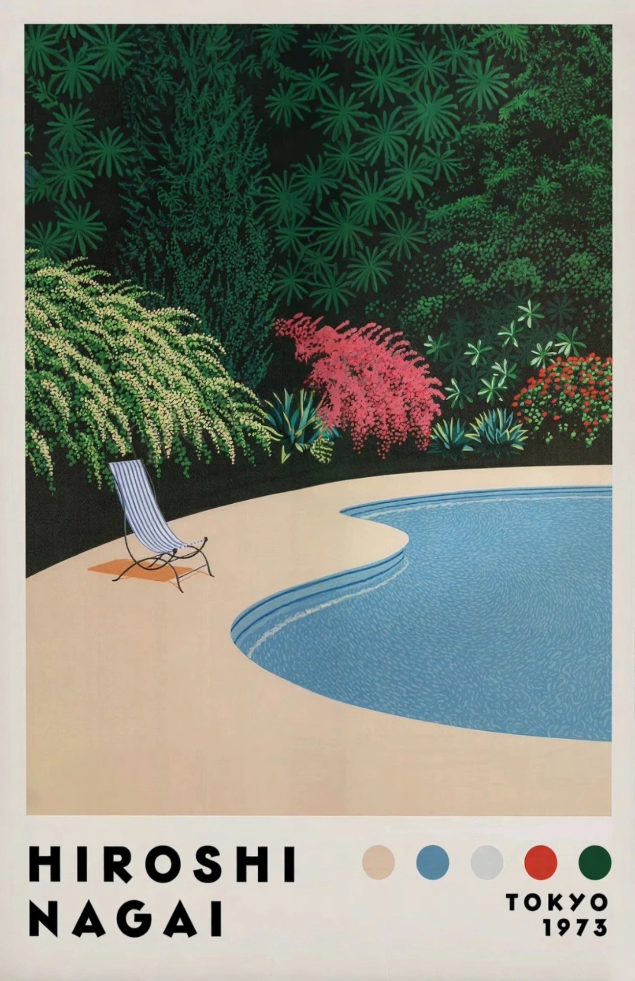 Poster of a poolside scene with a chair and garden, featuring the artist Hiroshi Nagai and the year 1973.