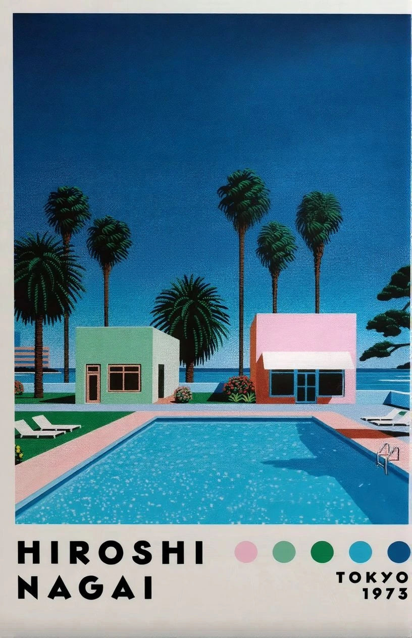 Artistic depiction of a pool scene with palm trees and buildings, featuring the artist Hiroshi Nagai.