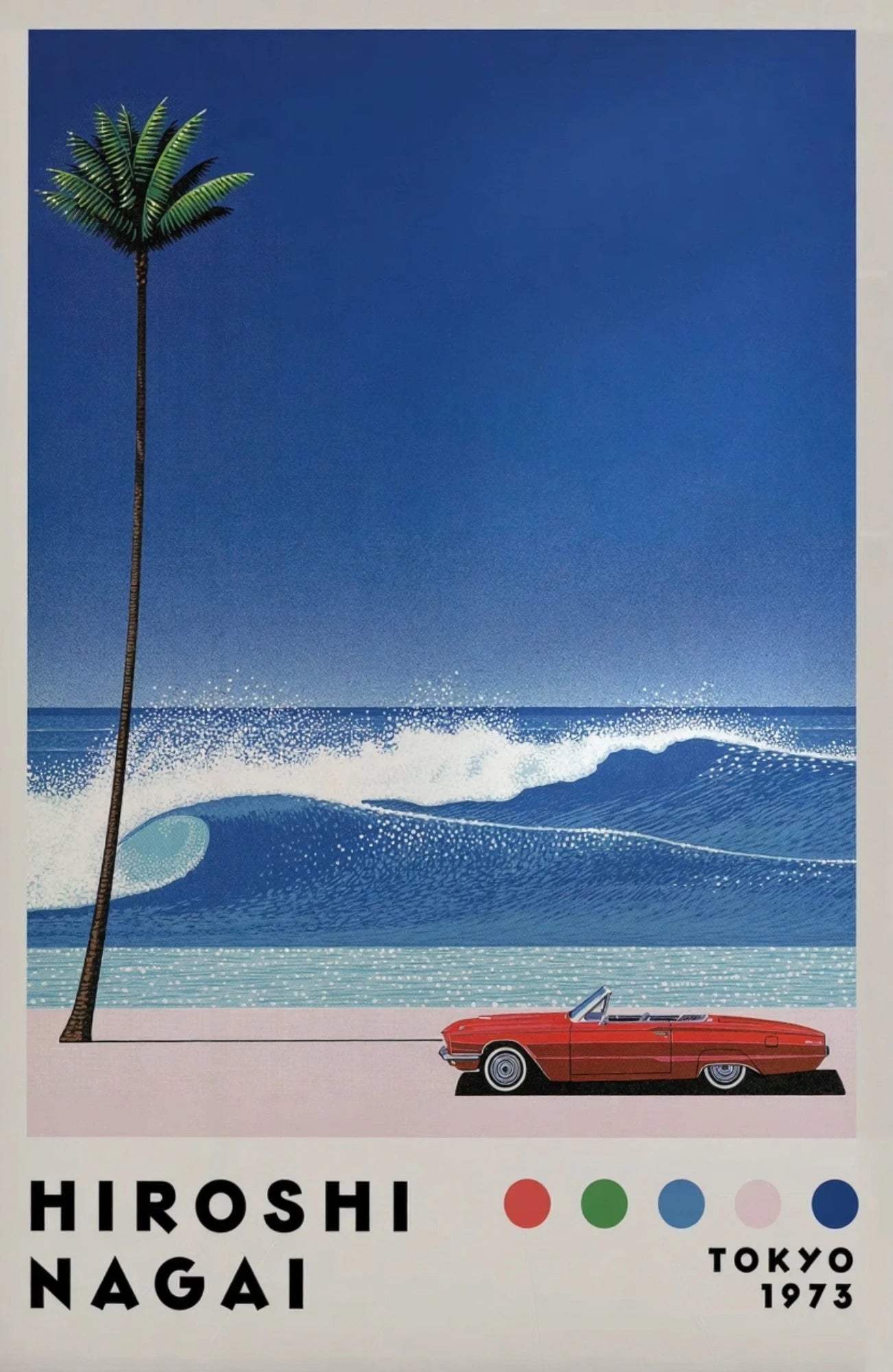 Vintage-style poster of a red car on a beach with a palm tree and blue sky, featuring the artist Hiroshi Nagai.