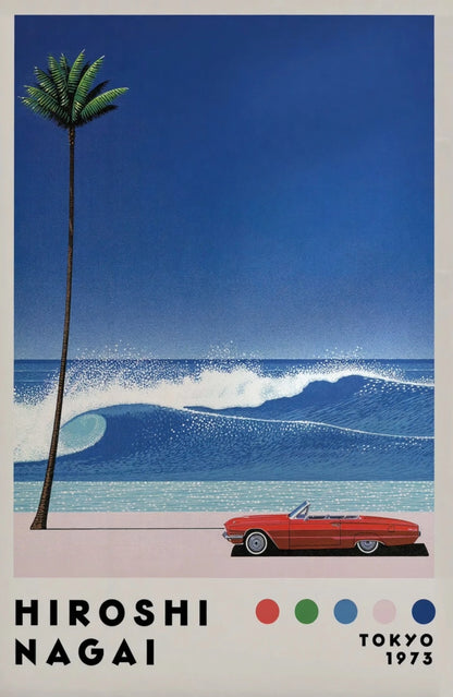 Vintage-style poster of a red car on a beach with a palm tree and blue sky, featuring the artist Hiroshi Nagai.