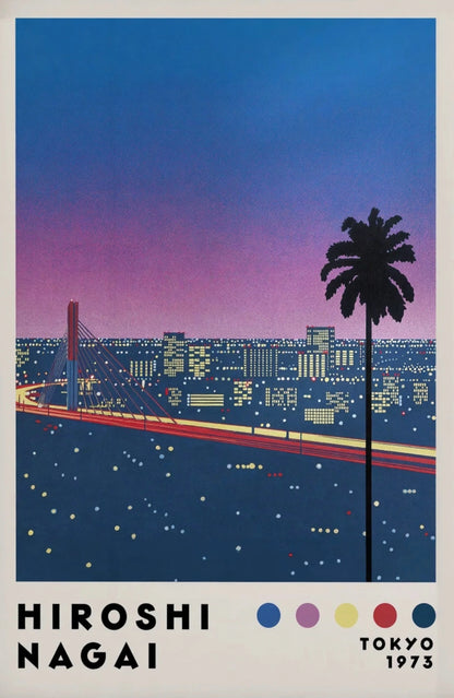 Surreal cityscape with palm tree and bridge at night, featuring Hiroshi Nagai's name and 'Tokyo 1973' text.