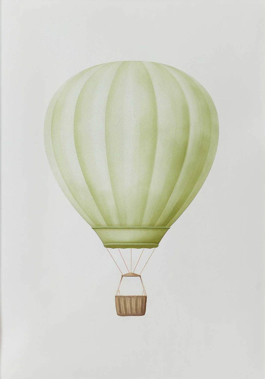 Green hot air balloon with a basket on a light gray background